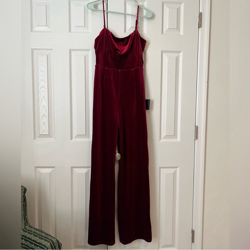 Lulu's - Red Velvet Wide-leg Jumpsuit - Size Small - Picture 3 of 8